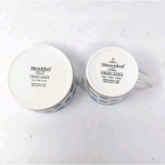 VTG Villeroy & Boch Twist Anna Cream Sugar Set With Lids White Blue Polka Dots - Picture 6 of 12